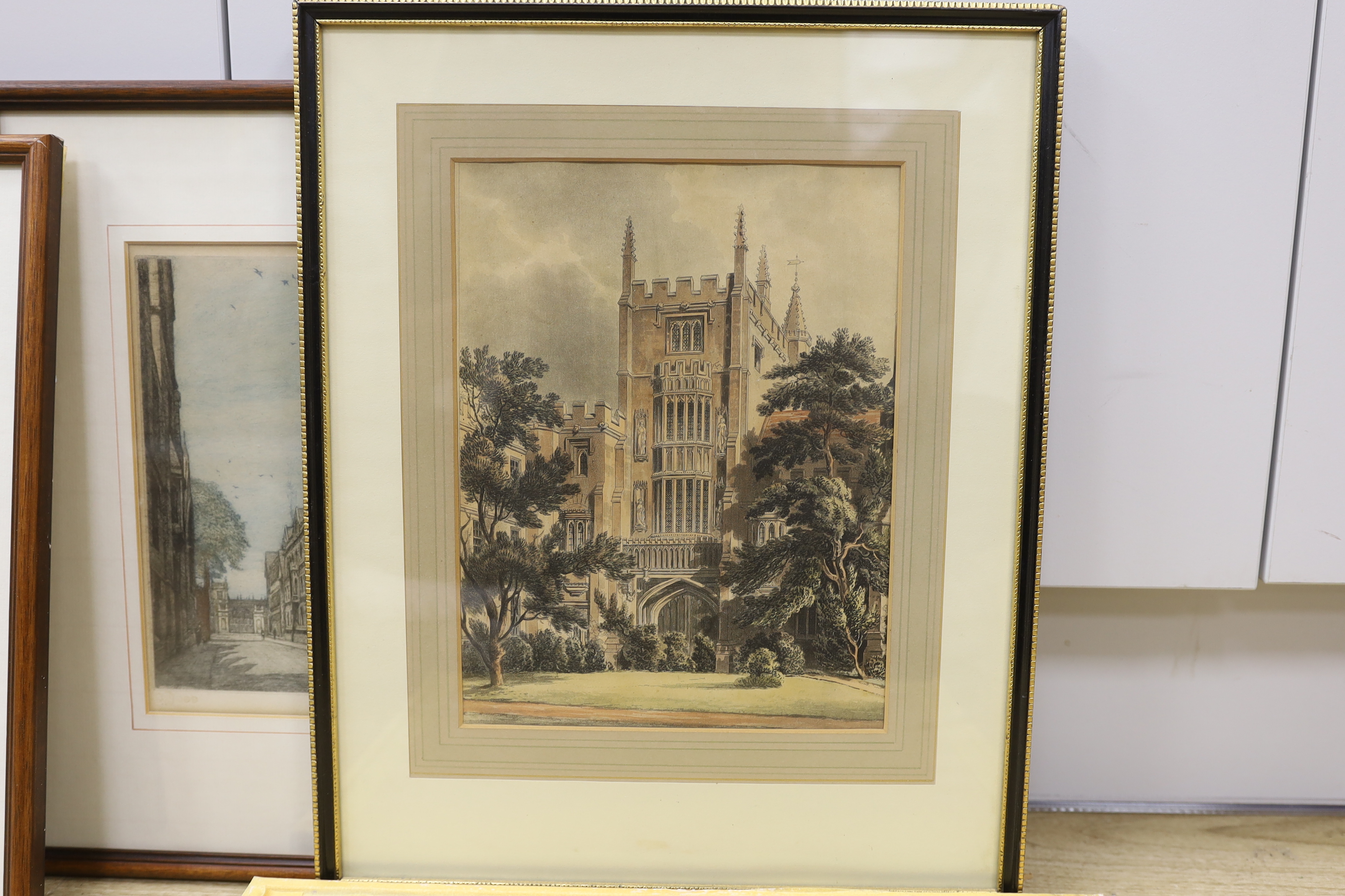 Four Ackermann colour engravings including E. Clarendon Printing House and Bradcliffe Library, together with another colour engraving and one other by Fred Millar, signed in pencil, largest 24 x 30cm (6)